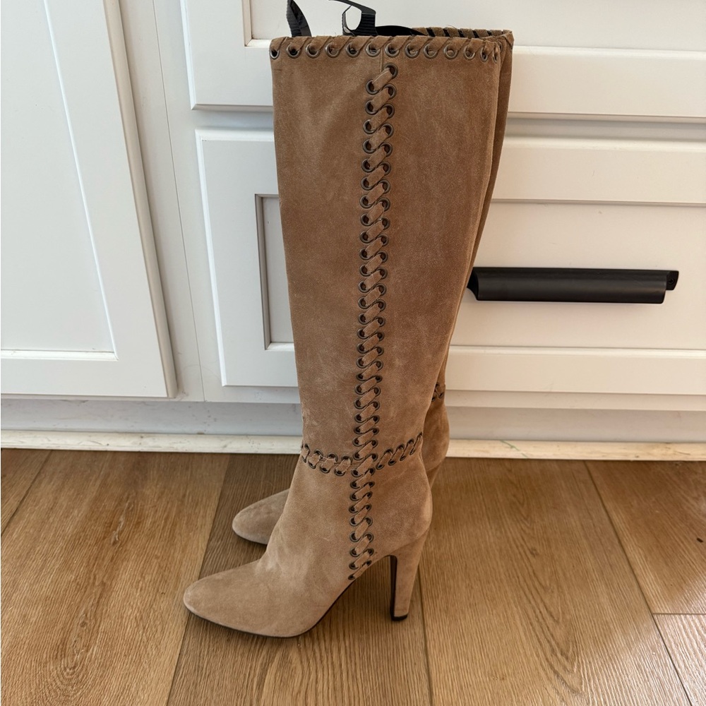 Prada Tan Heeled Boots with Lace Detailing